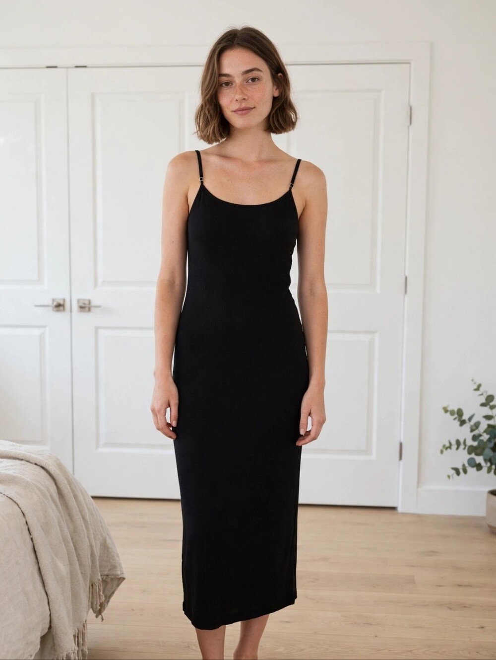naked wardrobe Black Slip Form Fitting Midi Dress with Thin Straps